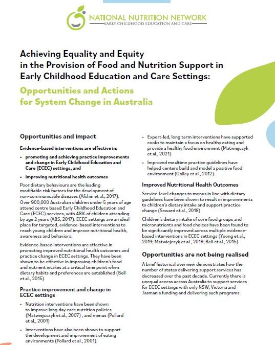 Evidence Brief 1 – Achieving Equality and Equity in the Provision of Food and Nutrition Support in Early Childhood Education and Care Settings: Opportunities and Actions for System Change in Australia